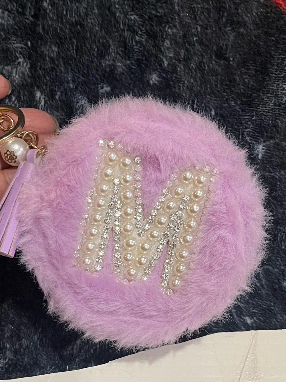Lavender Faux Fur Pouch Keychain with Pearl & Rhinestone Accent